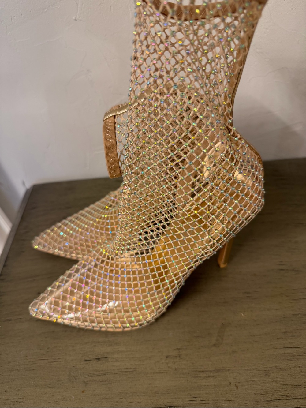 Women's Rose Gold Net Sheer Crystal Mesh Pointed-Toe Heeled Bootie